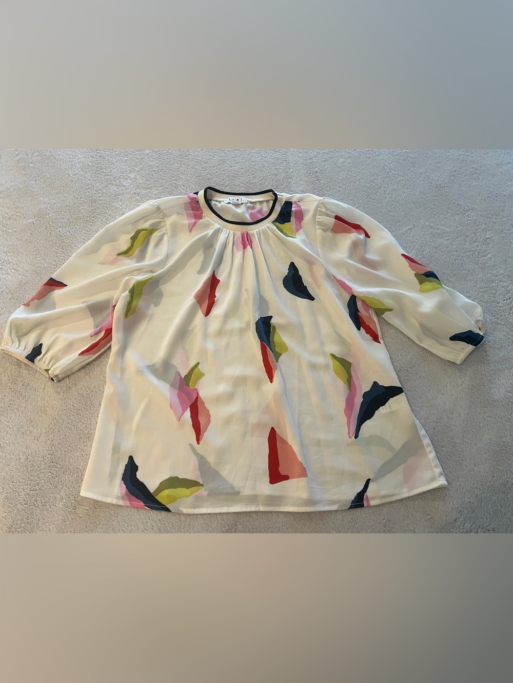 THML Paint Stroke Women's Blouse Crew Neck 3/4 Sleeve Ivory Pink Red Large
